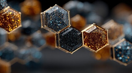 Sparkling, hexagonal shapes with gold edges, creating a blurred chain. Reflective textures & colors