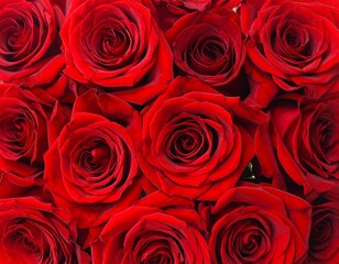Close-up of intensely red, fully bloomed flowers, tightly clustered together, demonstrating detailed petal arrangements
