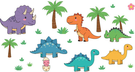 Large vector set of cute cartoon dinosaur characters featuring T-Rex Triceratops Stegosaurus and tropical palm trees for kids. © Minara