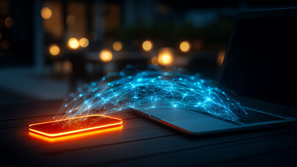 Smartphone transferring encrypted data to laptop with network mesh symbolizing secure connectivity digital identity and modern payments.
