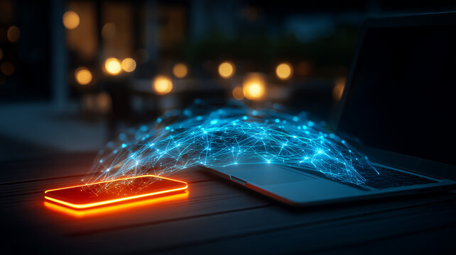 Smartphone transferring encrypted data to laptop with network mesh symbolizing secure connectivity digital identity and modern payments.
 - Powered by Adobe