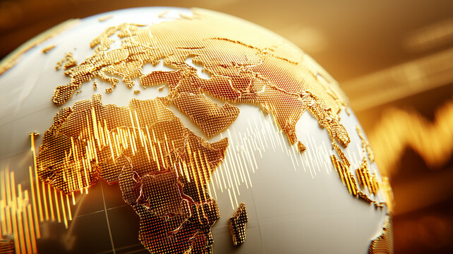 Globe with financial chart overlays symbolizing global markets international trade and macroeconomic growth forecasting.
