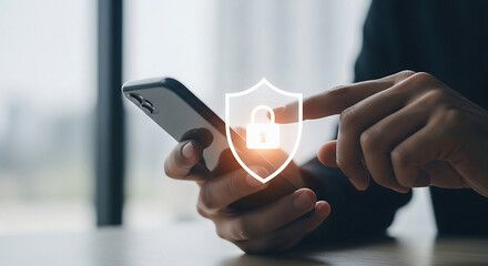 Person holding smartphone with digital security shield and lock transparent background hand
