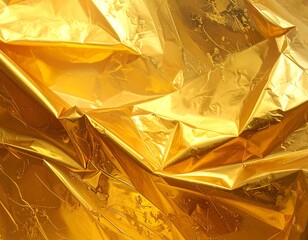 Close-up of intensely reflective, crinkled golden material. The surface has many folds, creating deep shadows & textures