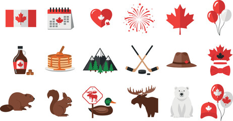 Collection of Canadian cultural icons featuring maple leaves flag moose beaver and hockey symbols for Canada Day celebrations. © Minara