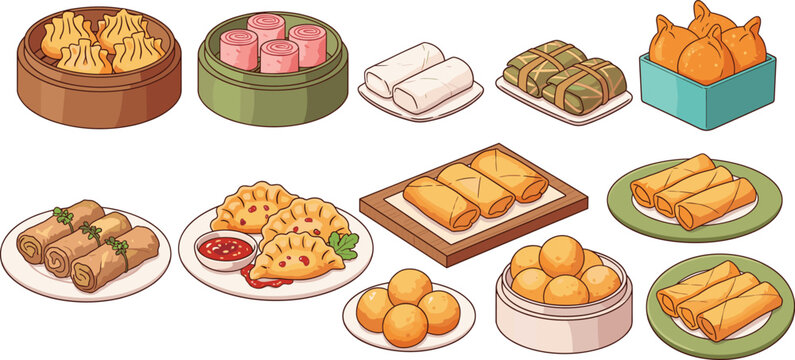 Asian Dim Sum And Traditional Snack Food Vector Set With Dumplings Spring Rolls And Street Food