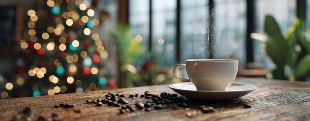 The Cup of Coffee on Rustic Table with Christmas Tree Bokeh and Morning Steam