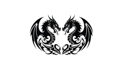 Naklejka premium Symmetrical black tribal tattoo design of two fierce winged dragons facing each other with intricate tails on a white background.