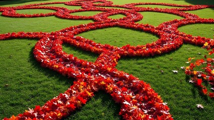 Vibrant Red Leaves Forming Wavy Pattern on Lush Green Grass Background