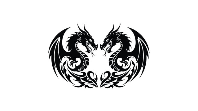 Symmetrical black tribal tattoo design of two fierce winged dragons facing each other with intricate tails on a white background.