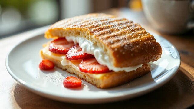 Sweet grilled sandwich with fresh strawberries, cream, and powdered sugar on a plate