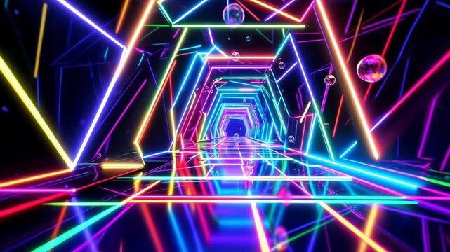 Infinite flight through a futuristic, abstract tunnel made of colorful, glowing hexagonal shapes