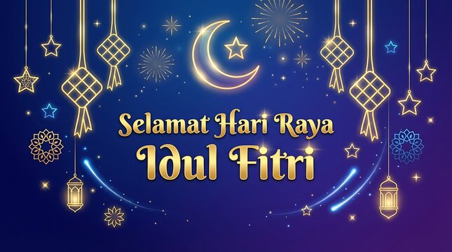 Selamat Hari Raya Idul Fitri Greeting Card with Decorative Elements and Festive Lighting