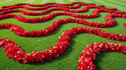 Vibrant Red Leaves Forming Wavy Pattern on Lush Green Grass Background