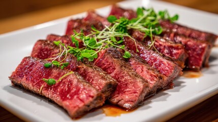 Fototapeta premium Slices of perfectly grilled steak are arranged neatly on a white plate, garnished with fresh microgreens for a vibrant touch. The steak looks tender and juicy, inviting diners to enjoy.