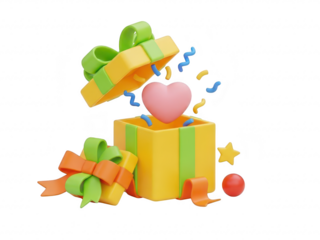 A yellow gift box with green stripes and a pink heart inside with confetti isolated on transparent background