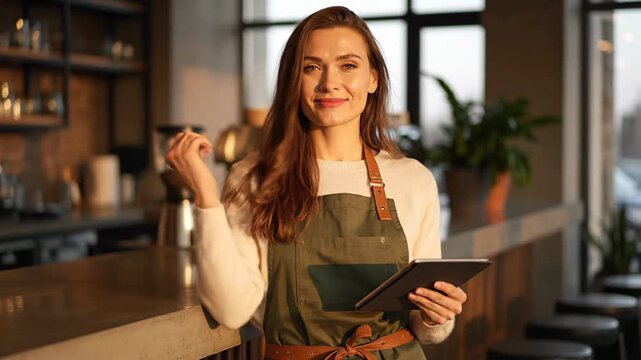 Beautiful smiling waitress holding a tablet leaning against the bar counter in a modern coffee shop