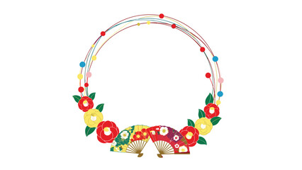 Fototapeta premium Elegant circular Japanese New Year frame with colorful strings, red and yellow camellia flowers, and traditional folding fans.