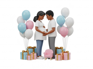 A pregnant woman and a man standing and holding hands with gifts and balloons around them isolated on transparent background