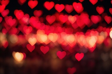 Defocused red heart shaped bokeh lights abstract background