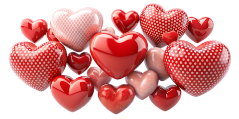 Red and pink hearts with white polka dots on black background