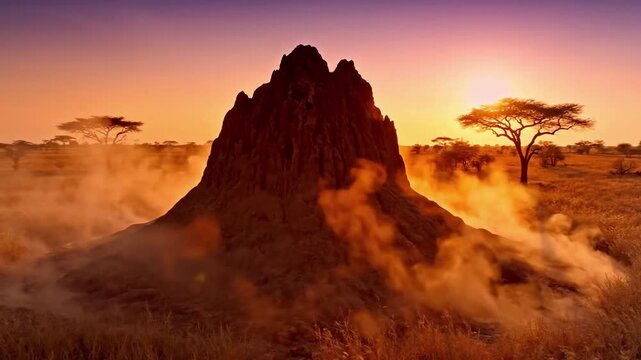 Ethereal Atmosphere Explore the mystical and dreamlike quality created by the interaction of golden hour light with the rising heat haze around the termite mound.