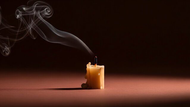 Extinguished candle with smoke rising against dark background symbolizing end or loss