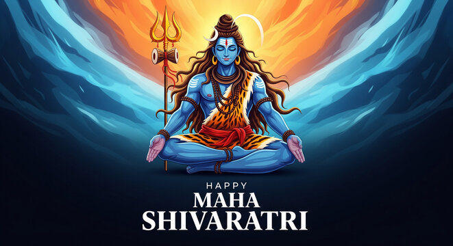 Maha Shivaratri Design with God Siva Portrait in Watercolor Painting Style