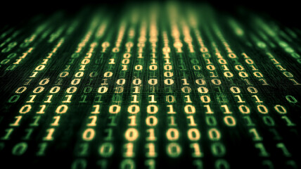 Binary code stream forming a digital data matrix symbolizing cybersecurity and information protection.
