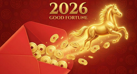 Chinese New Year 2026 Year of the Horse Celebration Background with Golden Coins Flying from Red Envelope and Jumping Gold Stallion