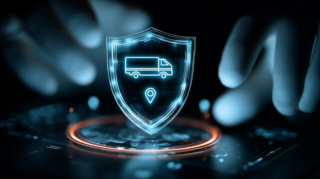 Digital shield with delivery truck icon and location pin symbolizing secure logistics and protected supply chain operations.

