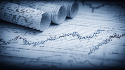Rolled architectural blueprints over market chart representing construction planning investment analysis and financial decision making.
