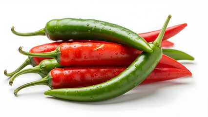 A close-up studio shot of ripe red and green chili peppers, glistening with water droplets, arranged in a vibrant heap on a clean white background