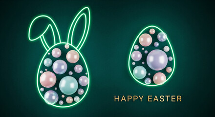 Image shows Easter eggs with neon outlines and pearl filling. Concept is celebration, Easter, and spring, with a festive and modern aesthetic