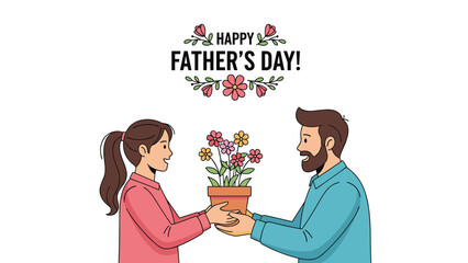 Happy Father's Day greeting card featuring a daughter giving her smiling dad a pot of colorful flowers as a heartfelt gift.