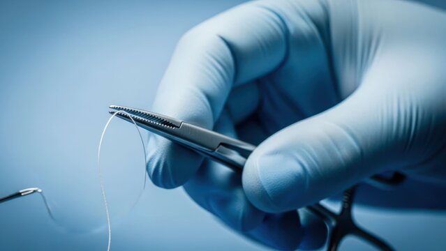 A gloved hand holds medical instruments and suture thread