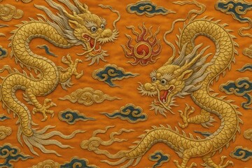 Fototapeta premium Intricate dragons on orange fabric