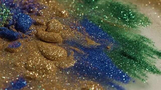 Textured Ink Landscape Overhead view of a flowing ink and paint mixture on a wet surface, forming a miniature, sparkling granular landscape with intricate patterns.
