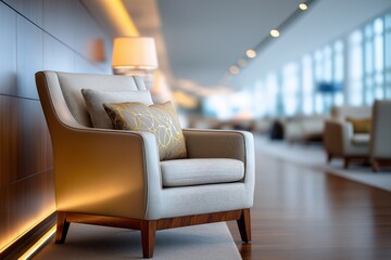 Luxury airport lounge seating area with comfortable armchair and warm ambient lighting. Premium travel waiting zone interior designed for business class passengers