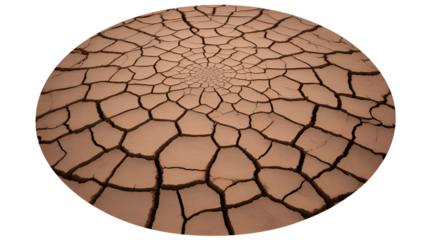 Cracked earth texture close up with radial pattern of dry mud fissures creating a geometric mosaic effect under natural ambient lighting evoking drought isolated on transparent white background
