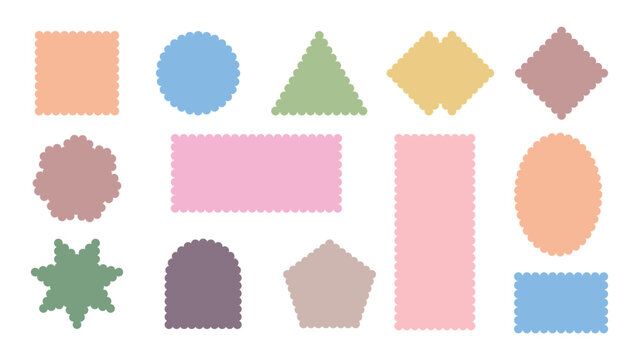 Geometric shapes with scallop and zigzag edges set. Zig zag edge circle, square, rectangle, round shape collection.