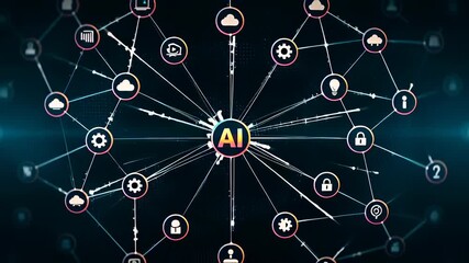 Futuristic Artificial Intelligence hub connecting to a digital network of technology icons in a neon 3D animation, illustrating machine learning and global data connectivity concepts - Powered by Adobe