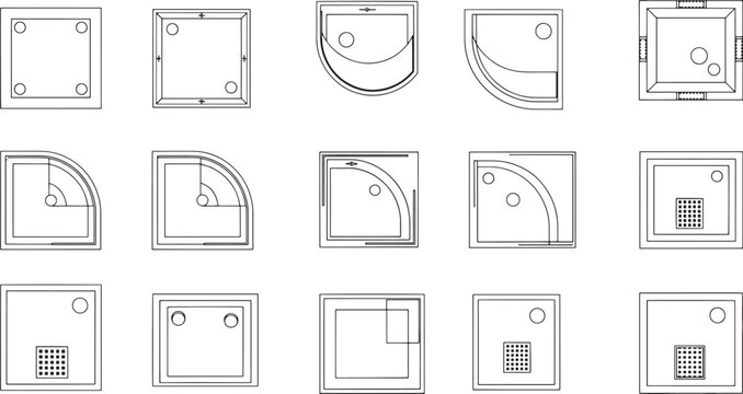 A selection of varied modern shower designs, presented as detailed architectural diagrams. Each design showcases different shapes, sizes and features. 