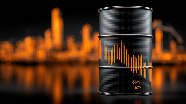 Oil barrel with a market chart overlay representing crude price volatility and energy sector risk.
