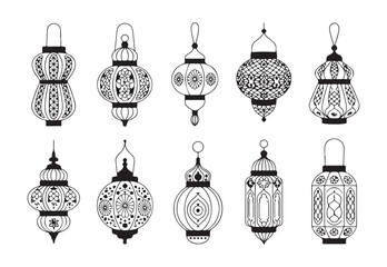 Collection of hand drawn ornate ramadan lanterns traditional arabic fanous line art vector illustration