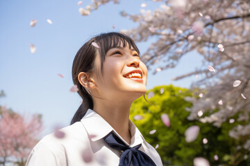桜の下、笑顔の女子高生　Generative AI