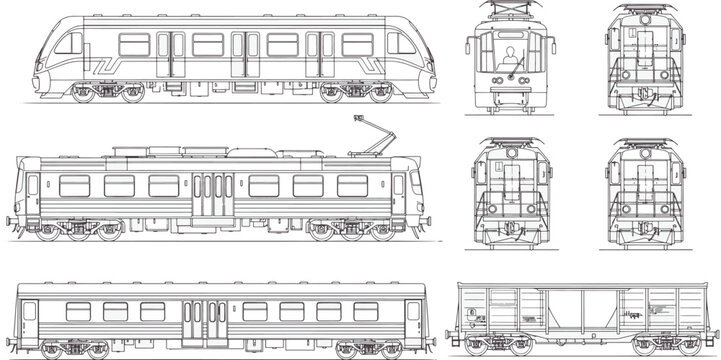 Detailed line drawing showcasing diverse train carriages, illustrating various aspects of modern rail transportation, presented in a clean and technical style.