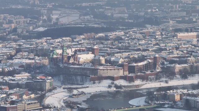 Wawel Castle located in Krakow observed from an aerial viewpoint in winter