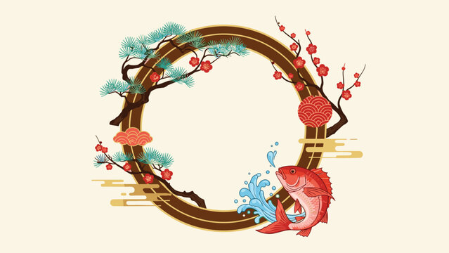 Ornate circular Japanese frame with pine and plum blossom branches, a lantern, and a red sea bream fish leaping from water.