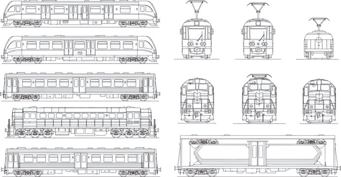 Detailed line drawings showcase an array of passenger trains and trams. Each carefully rendered vehicle offers a comprehensive view, ideal for transportation and engineering projects.